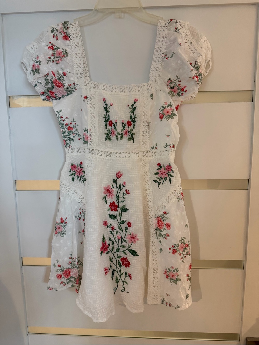 Altar'd State White Mini Dress with Pink & Green Floral Embroidery